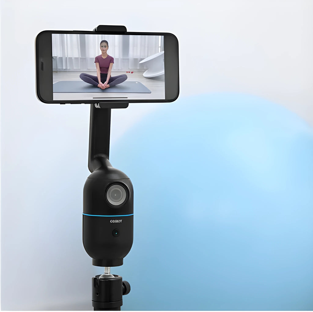 Black mobile phone bracket with face following PTZ tripod folded to 139 mm, showing phone clamp and tripod legs