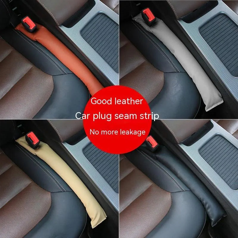 PU leather car seat gap strip in beige positioned between seat and console