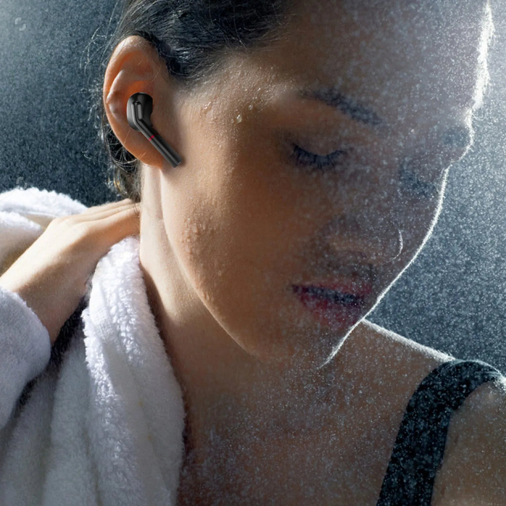 VV1 Bluetooth earphone in black with charging box, featuring Jerry Solution V5.0 and 50 mAh battery