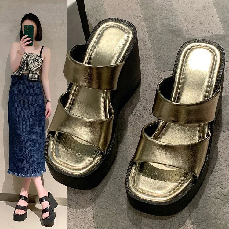 Wedge platform slippers for women, square toe, PU upper, black colour