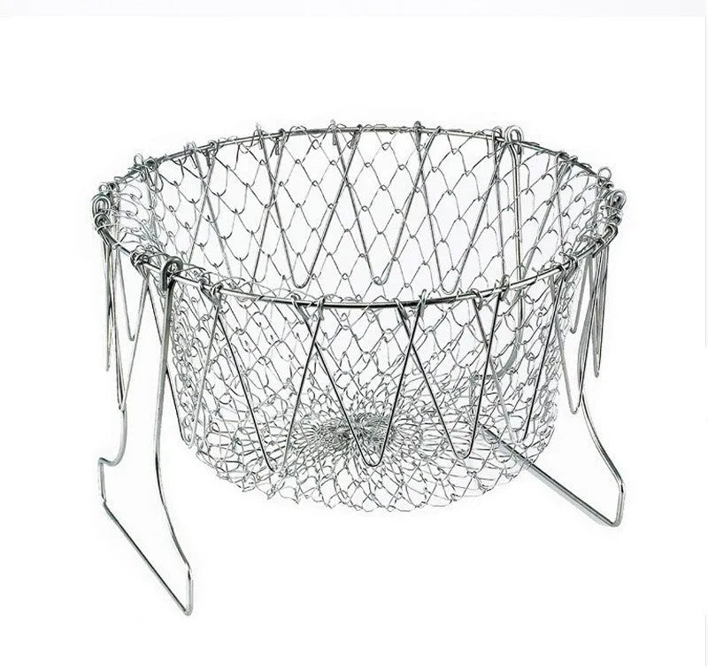 Stainless steel foldable deep fry basket with handle, 23cm size, on a kitchen counter