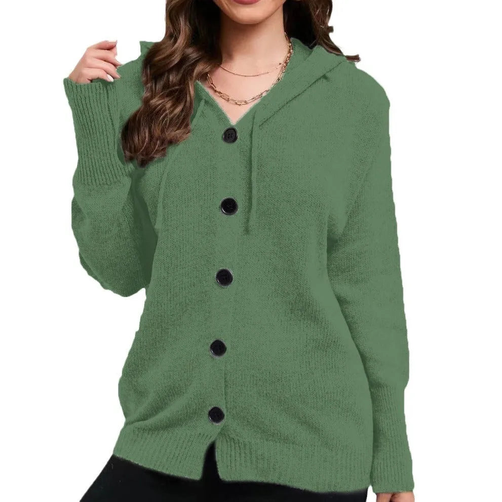 Women's solid colour hooded cardigan sweater in thick cotton fabric