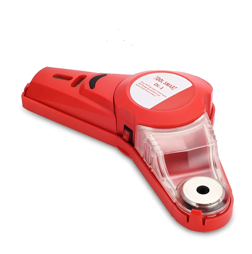 Red portable infrared and line laser level for woodworking punch positioning on a work surface
