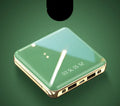 Mini cylindrical power bank in blue, green, grey, or red with aluminium shell, showing multi USB ports.