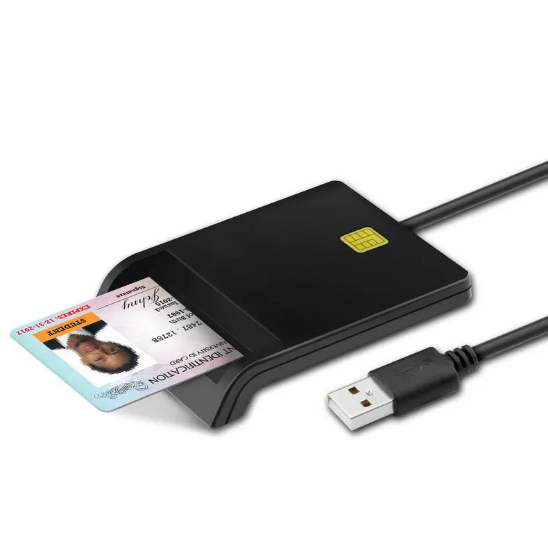 Black USB smart card reader for ID, SIM, CAC, and bank cards with ABS casing