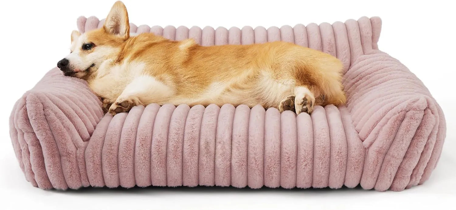 Bedsure fluffy cat couch in beige with corduroy fleece cover and three-sided support design