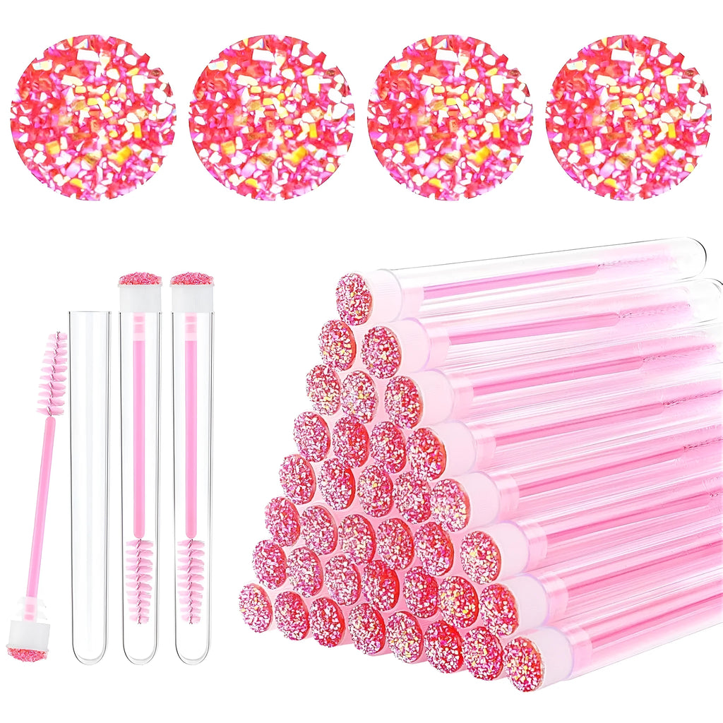 Disposable eyelash brushes in blue, green, pink, and purple colours with transparent storage tubes