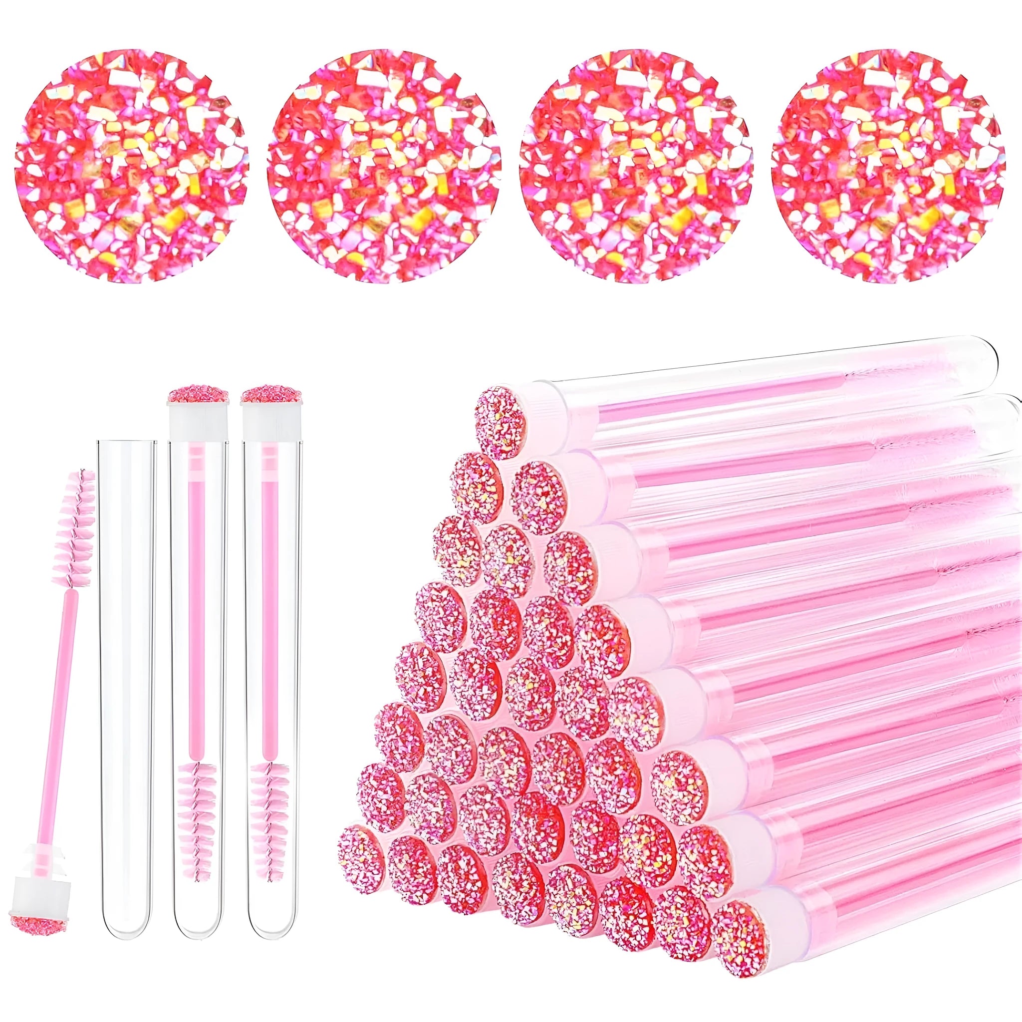 Disposable eyelash brushes in blue, green, pink, and purple colours with transparent storage tubes