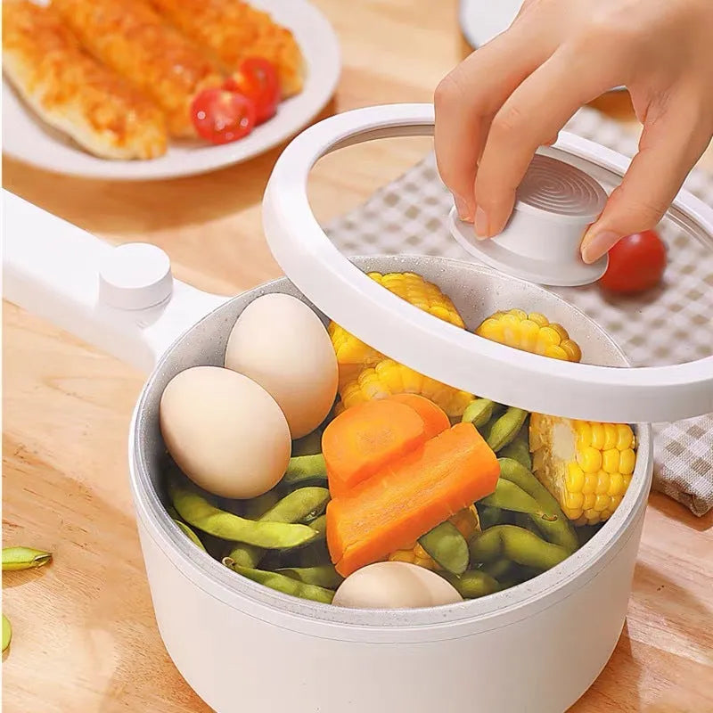 White multi-function electric pot 600W with plastic body and food-grade PP inner pot, compact dormitory cooker