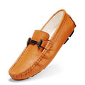 Men's leather casual shoes with belt buckle detailing in black, blue, bronze, or white colours