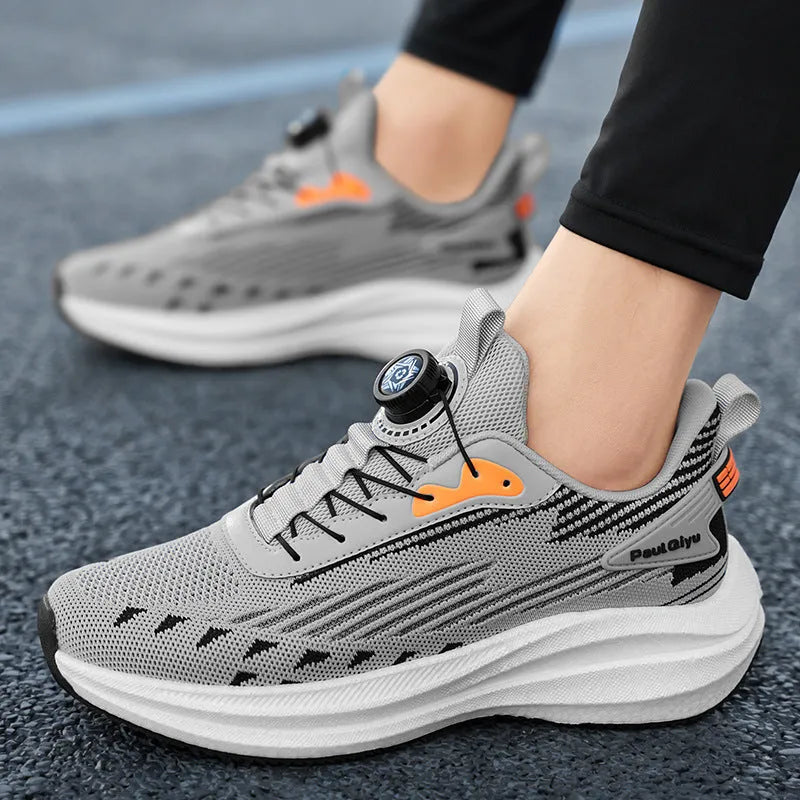 Men's white green rotating buckle sports shoes with Fly-kit mesh upper and TPU popcorn sole in low-top design