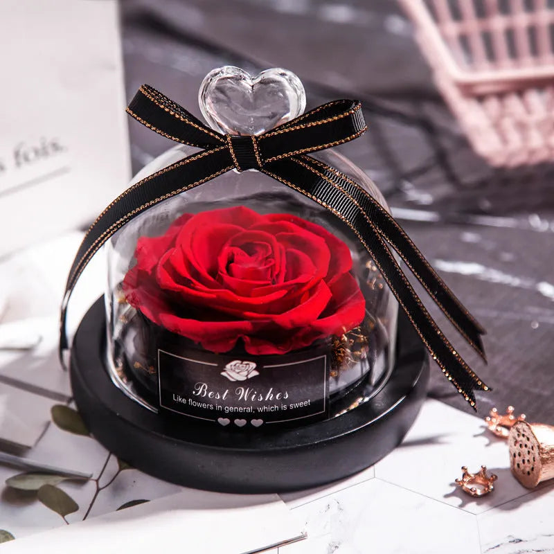 Eternal real rose in transparent glass case with LED light, 13x13x12cm, colour classic red
