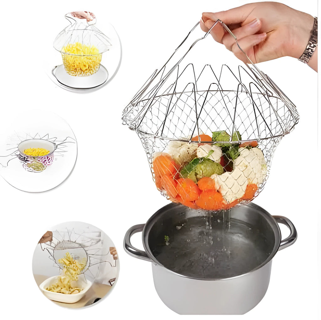 Stainless steel foldable deep fry basket with handle, 23cm size, on a kitchen counter