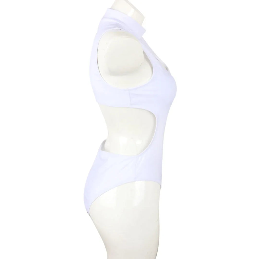 Zipper ladies one-piece nylon swimsuit in black with front zip, full coverage design, side view