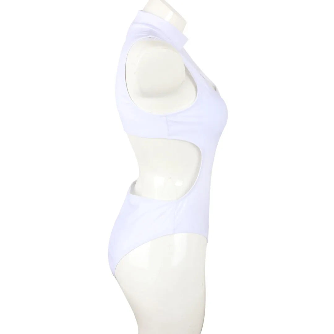 Zipper ladies one-piece nylon swimsuit in black with front zip, full coverage design, side view