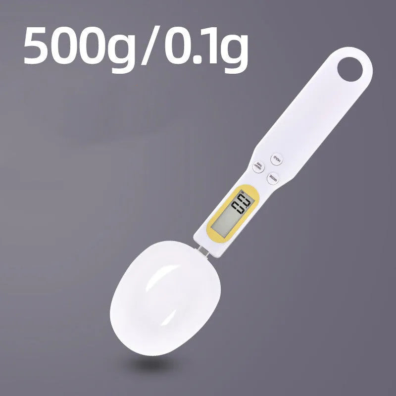 Household electronic measuring spoon scale with ABS plastic body and digital display on a kitchen surface