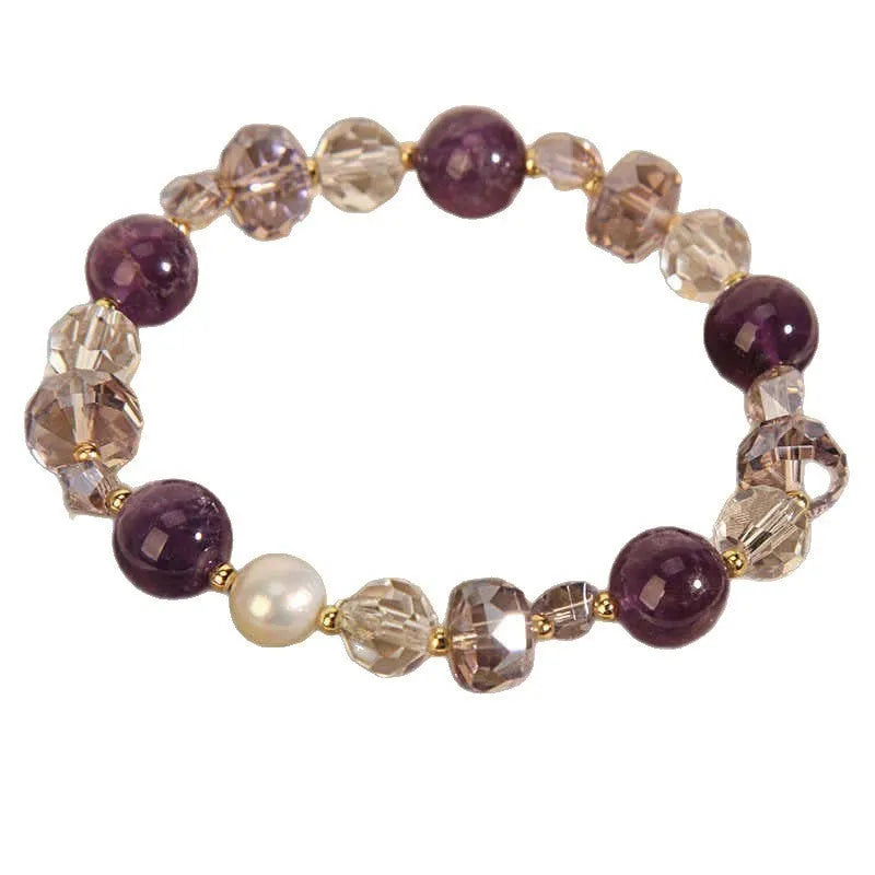 Artificial crystal amethyst bracelet for women with electroplated U-shaped design and pearl accents, imitation amethyst pearl colour option