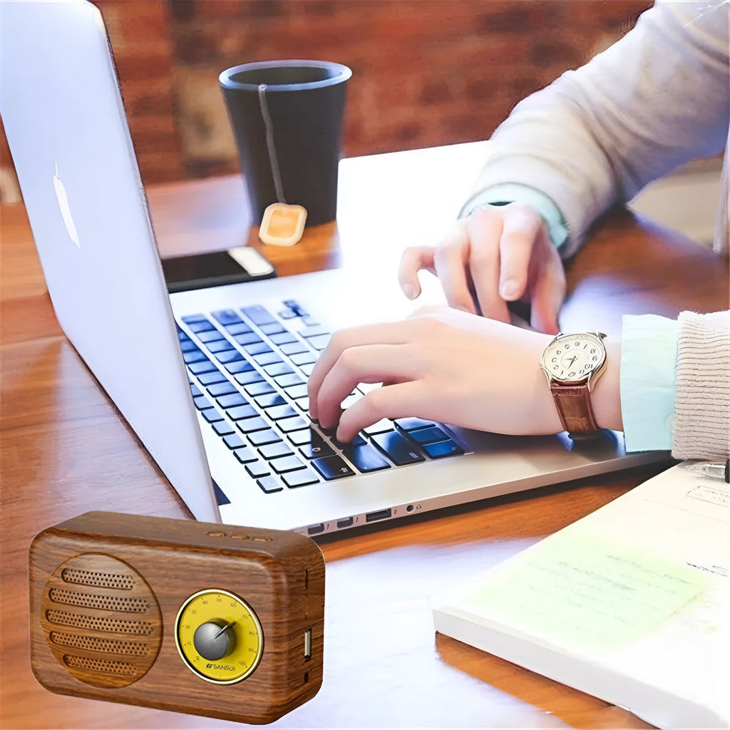 T1 portable Bluetooth speaker in wood grain pink with vintage finish, compact size, and FM radio support
