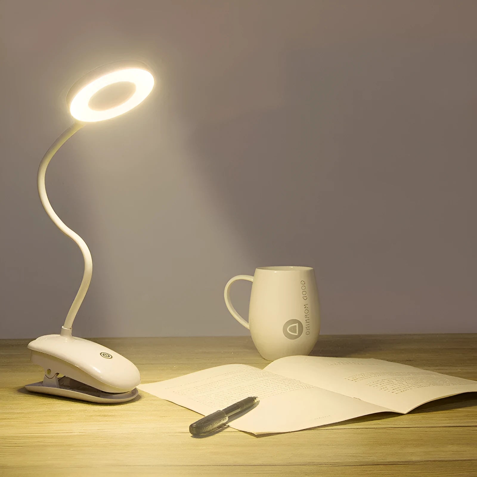 Touch control clip-on rechargeable LED desk lamp with plastic shade and built-in lithium battery