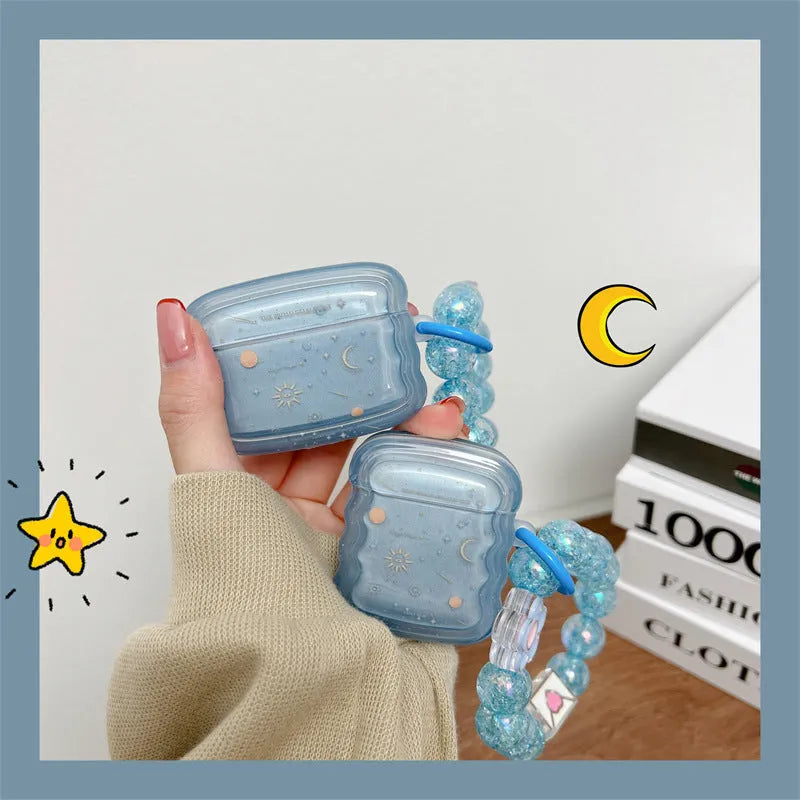 Clear blue starry sky TPU earphone case with wavy edge and bracelet chain for AirPods Pro