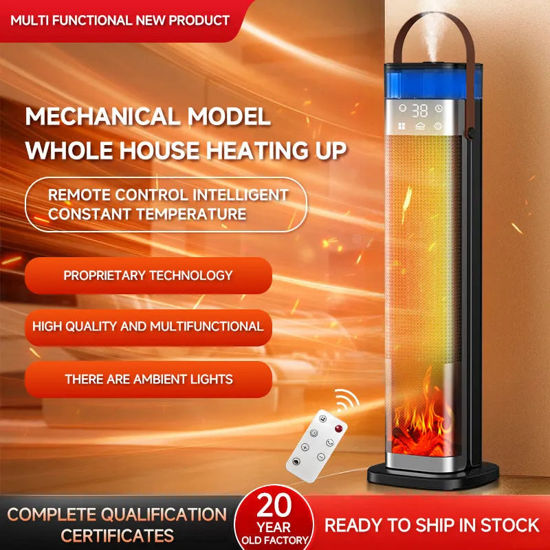 Vertical column heater with humidifier and voice control remote, dimensions 16cm by 16cm by 52.6cm.