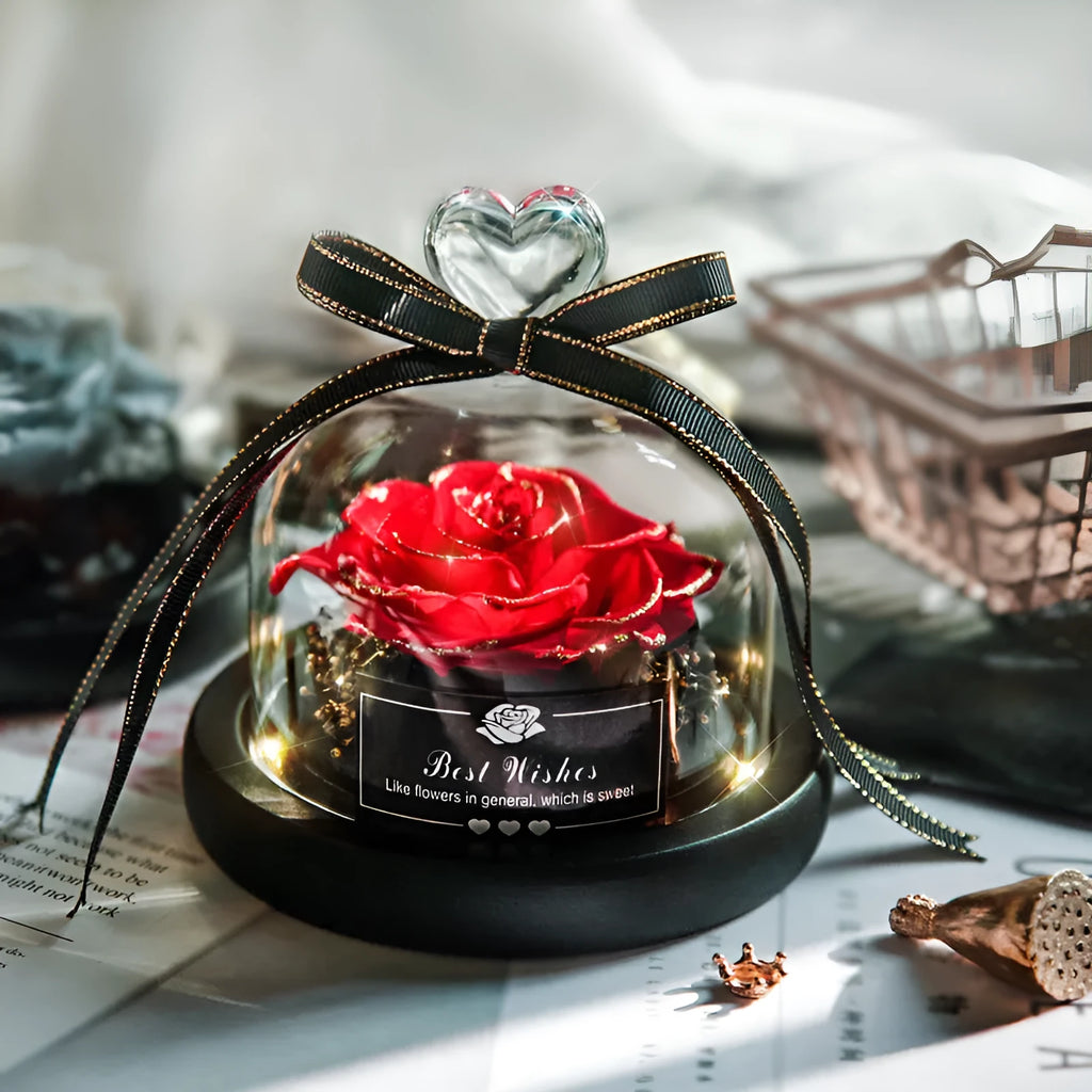 Eternal real rose in transparent glass case with LED light, 13x13x12cm, colour classic red