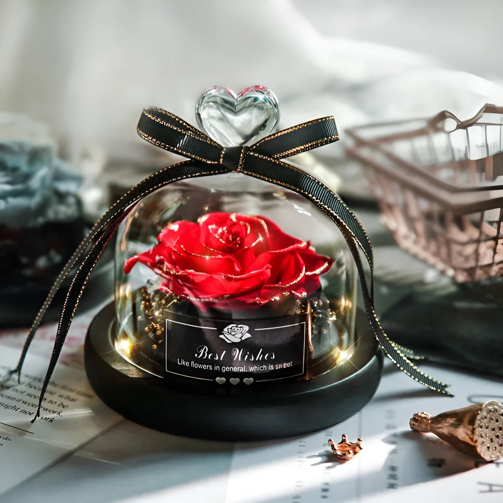 Eternal real rose in transparent glass case with LED light, 13x13x12cm, colour classic red
