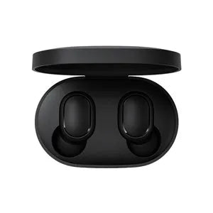 Redmi AirDots True Wireless black earbuds and charging case on a white background.