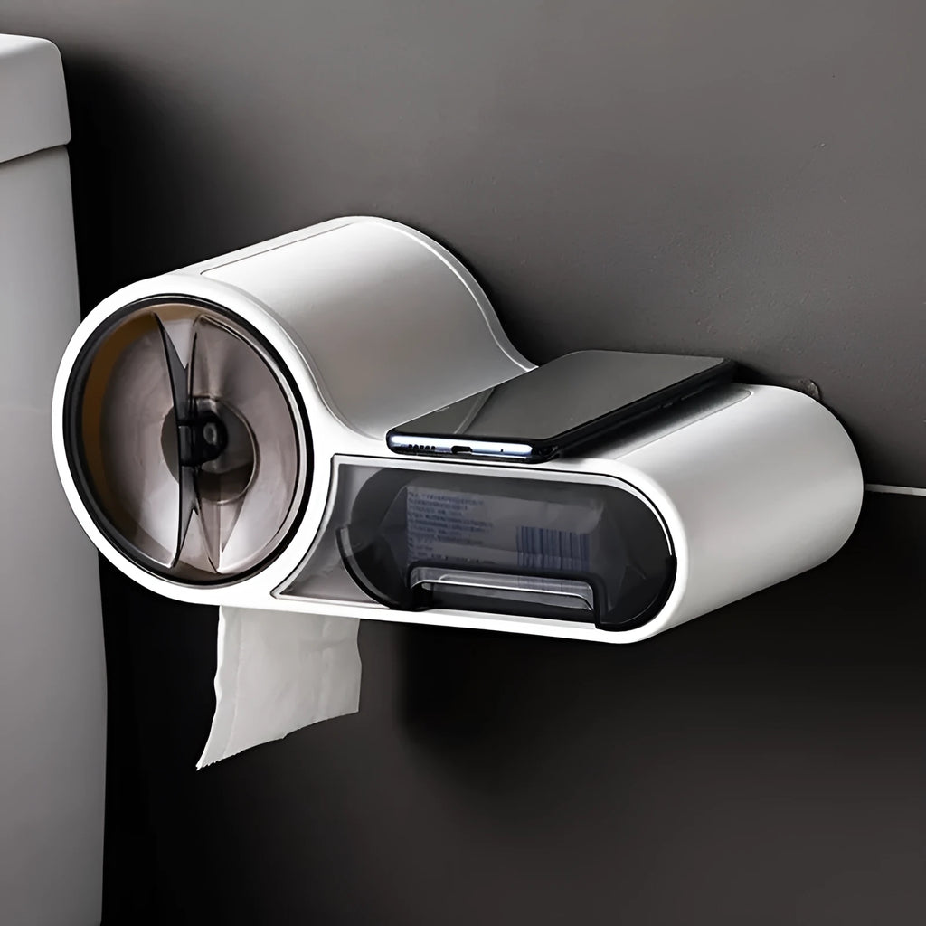White plastic waterproof no-punching toilet roll holder with non-slip place for standard tissue rolls