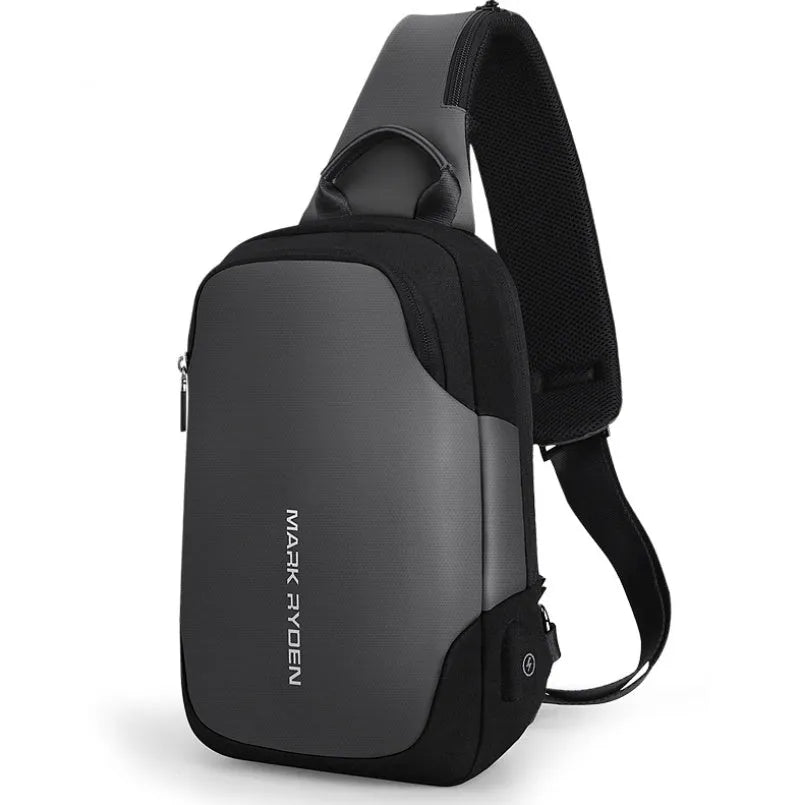 Men's anti-theft USB chest bag in black, made from Oxford cloth with zip closure and square vertical shape