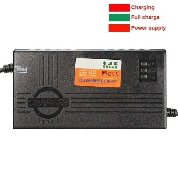 Black 72V 20AH electric car charger with compact design and international plug options.