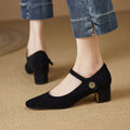 Women's Mary Jane chunky heel pumps in black suede with square toe and shallow mouth on a white background