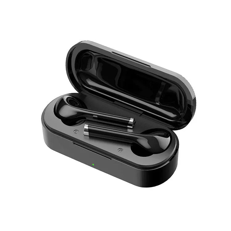 Black true wireless Bluetooth 5.0 earbuds with charging case, 13mm driver, 40mAh battery