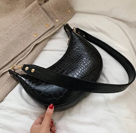 Retro PU leather crossbody bag for women, upper width 24cm, in black colour