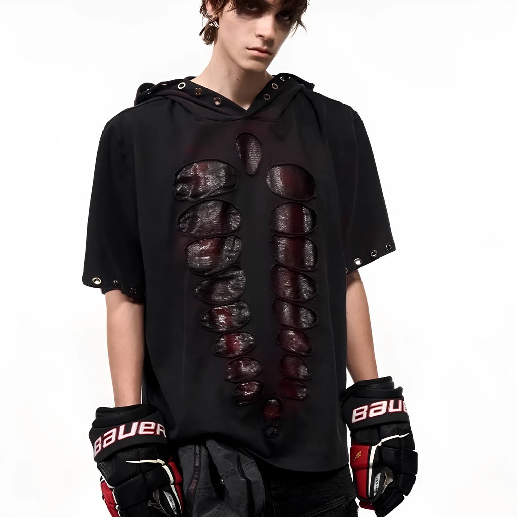 Black men's hooded short-sleeve t-shirt with all-over sequin coverage in loose fit