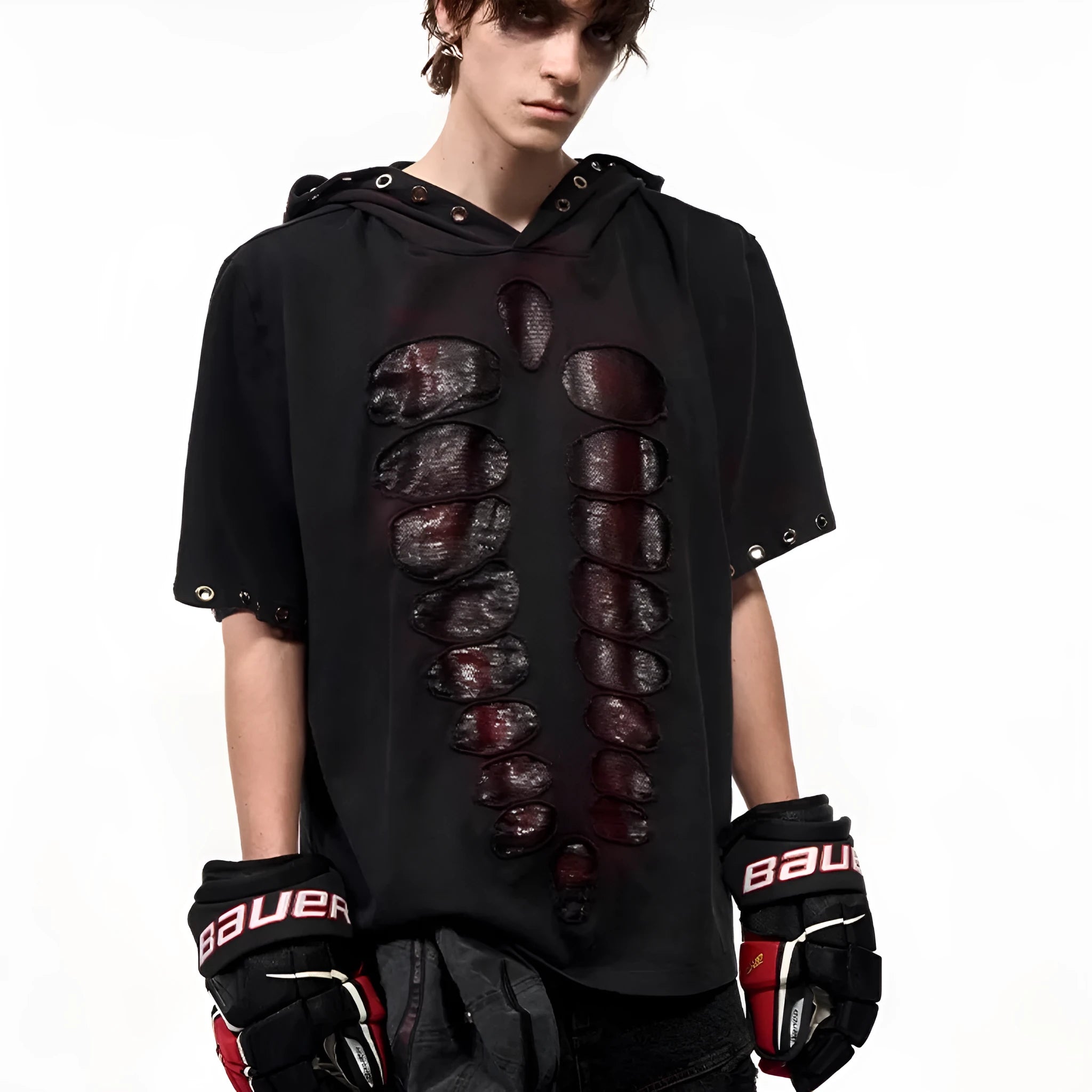 Black men's hooded short-sleeve t-shirt with all-over sequin coverage in loose fit