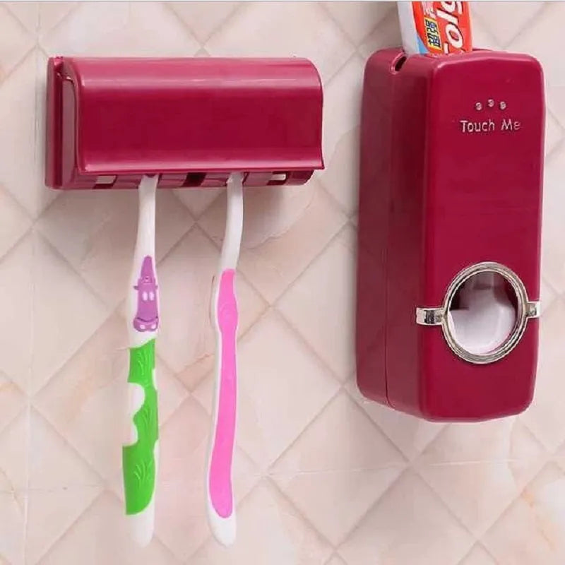 White and wine red plastic silicone toothbrush holder set with suction mount on a bathroom tile wall