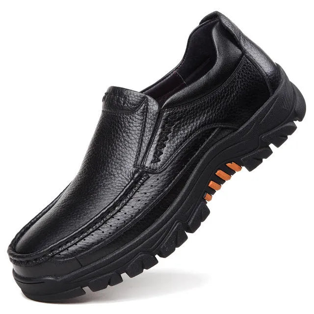 Men's black and brown cowhide leather slip-on business casual shoes with rubber sole