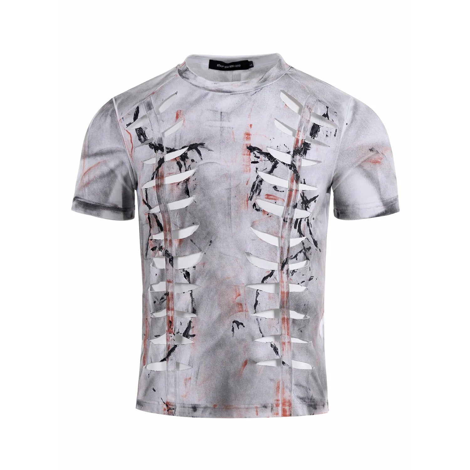 Men's white cut hollow-out tight short T-shirt with stretch short sleeves and round neck on a person