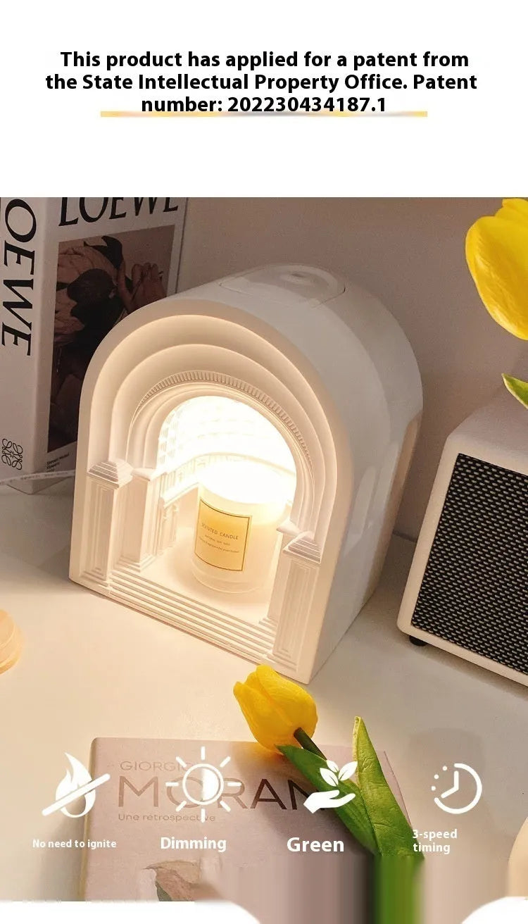 Retro Nordic gypsum candle lamp in white with timing dimming function and aromatherapy candle on bedside table