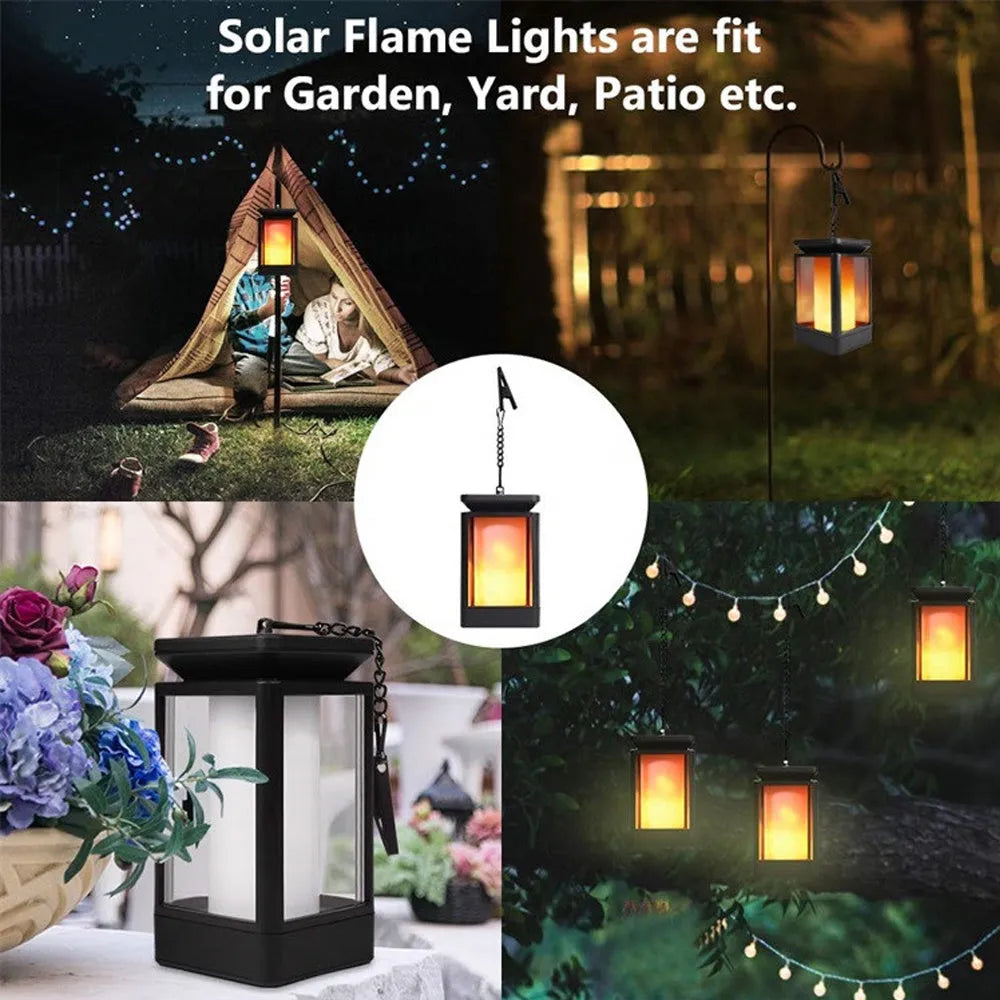 Black antique flame style outdoor solar LED street lamp with solar panel on top.