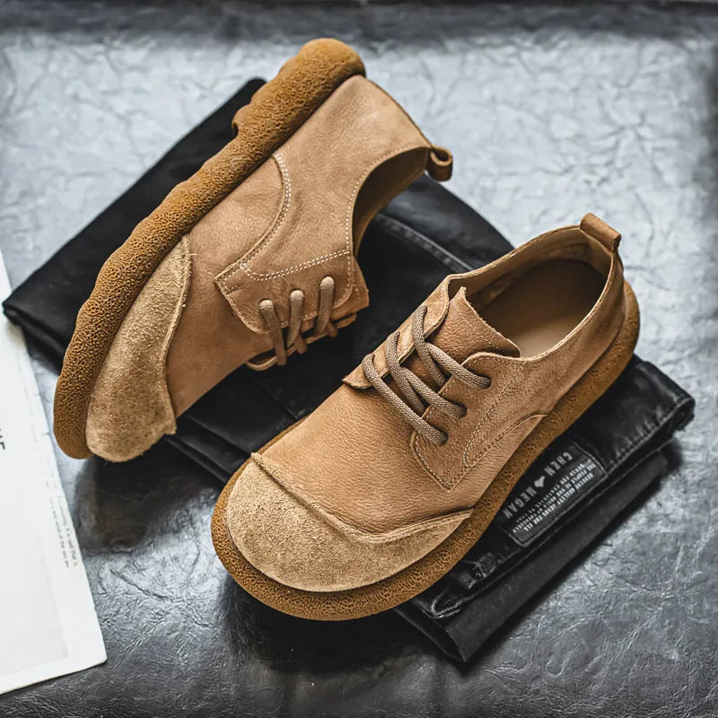 Men's casual lace up leather shoes in brown, matte finish, round toe, flat heel, sewing thread details, size 38-44