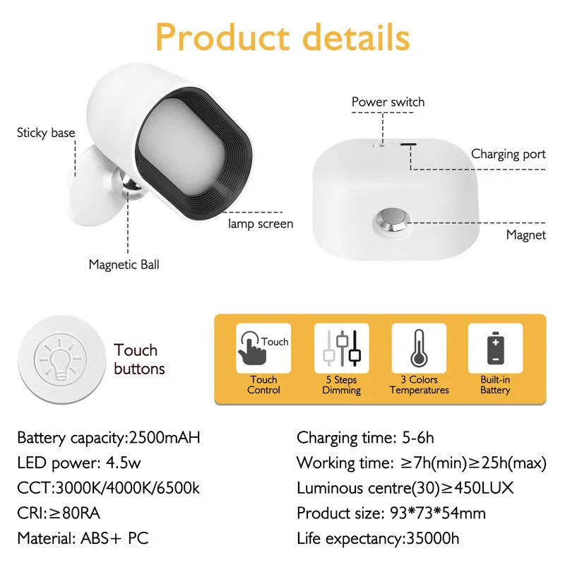 White remote touch magnetic wall lamp with oval light on a wall, showing remote control.
