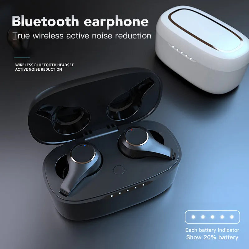 Wireless ANC active noise cancelling Bluetooth headset in black with earplug design and charging case