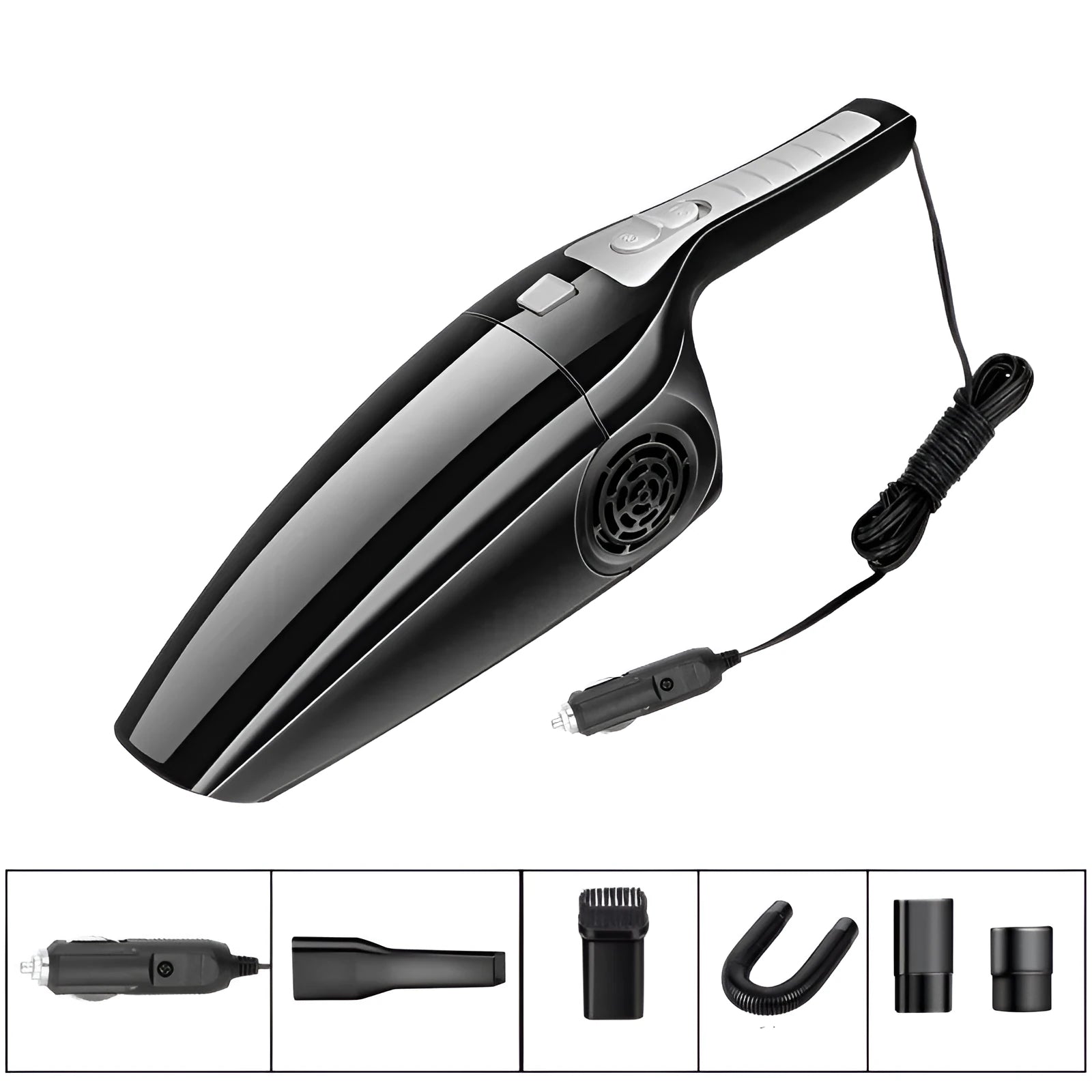 Black and orange Hypa eighth generation high power 120W car vacuum cleaner with 12V plug.