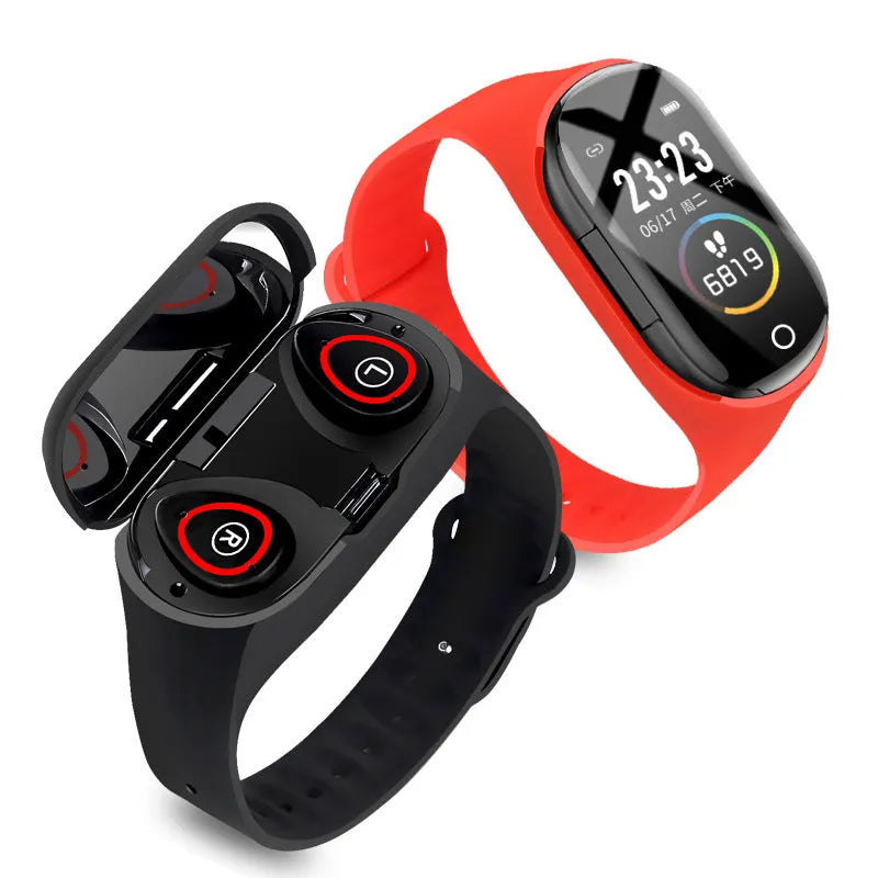 Smart bracelet earphone combo with 1 inch screen and silicone band in black blue and red colors