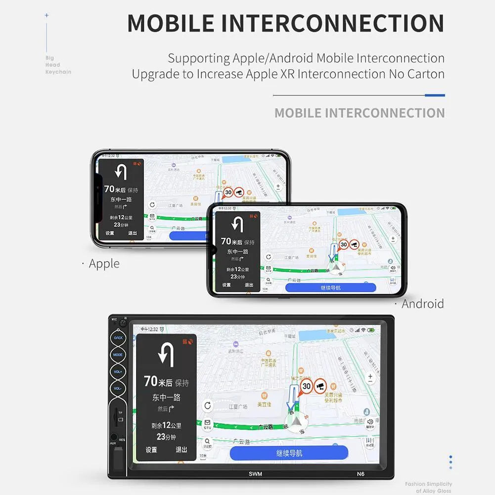 7-inch double DIN car MP5 player with TFT screen and USB Bluetooth Android iPhone support, panel 178x100mm