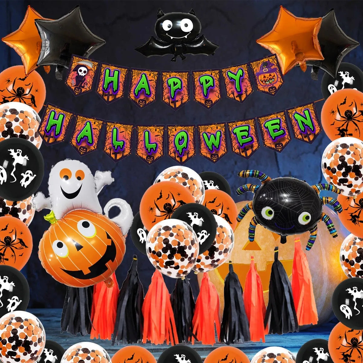 Halloween balloon decoration combo with a spider balloon arch in white and black.