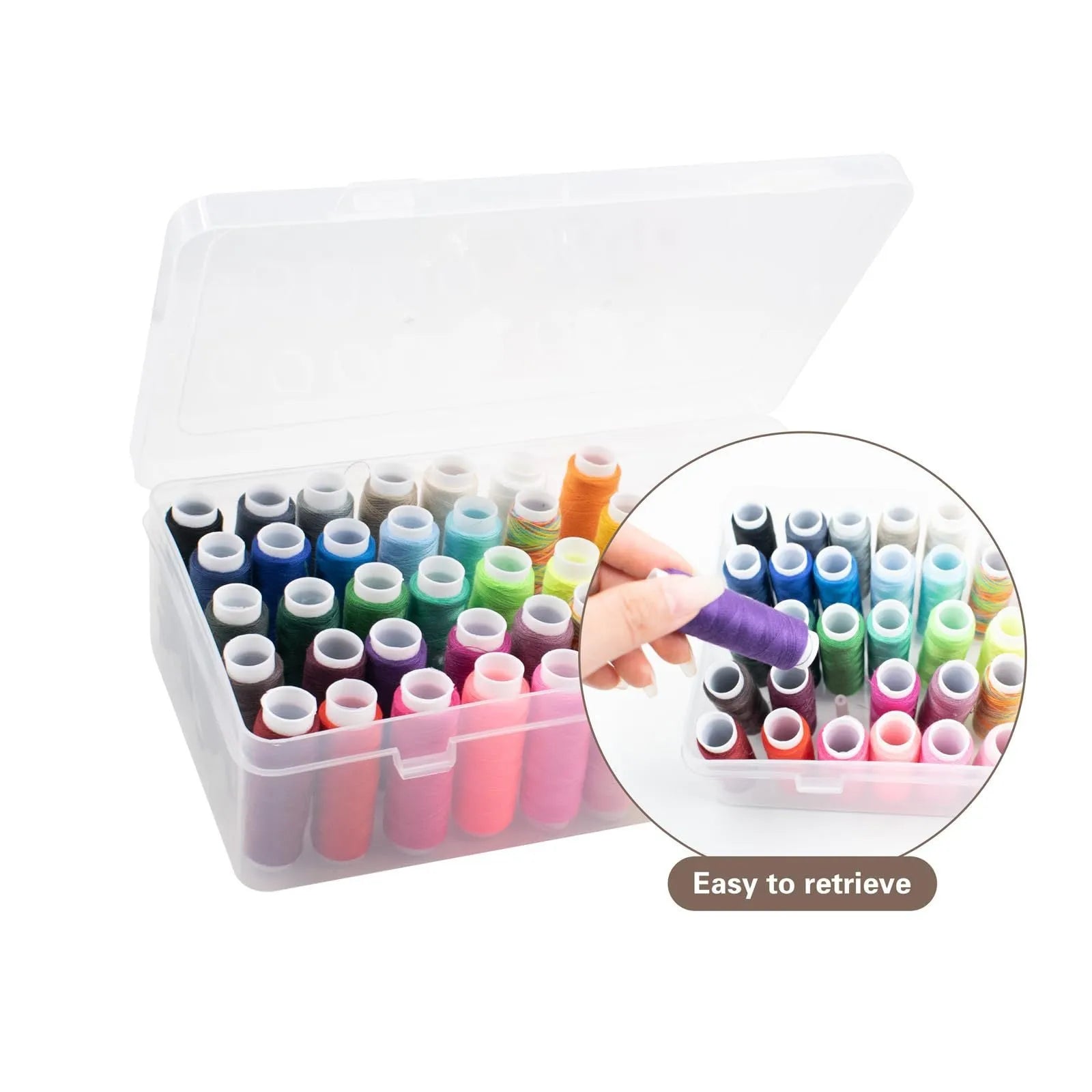 Plastic embroidery storage box with 42 numbered compartments in transparent, pink, or blue colour.