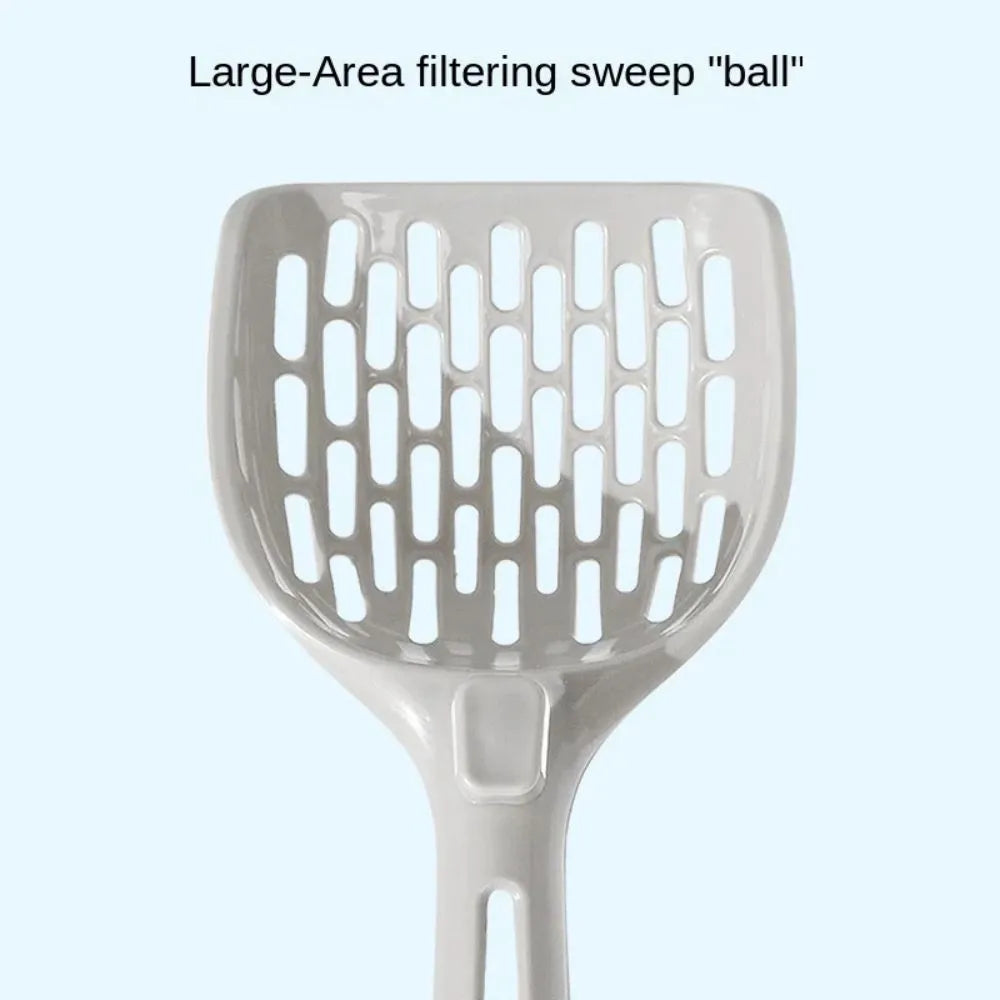 Gray plastic cat litter scoop with matching base for self-cleaning kitten toilet maintenance